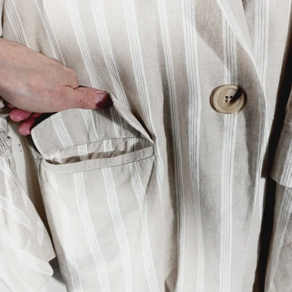 Free People "Fern" Oversized Striped Linen Blend Blazer, Ruched Sleeves SZ Small - Picture 10 of 16